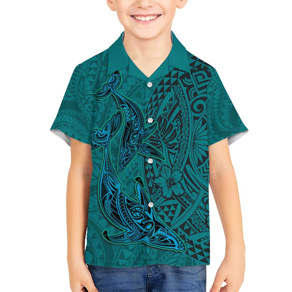 Hawaiian Whales Polynesian Art Motifs Family Matching Short Sleeve Bodycon Dress and Hawaiian Shirt Turquoise Color - Polynesian Pride