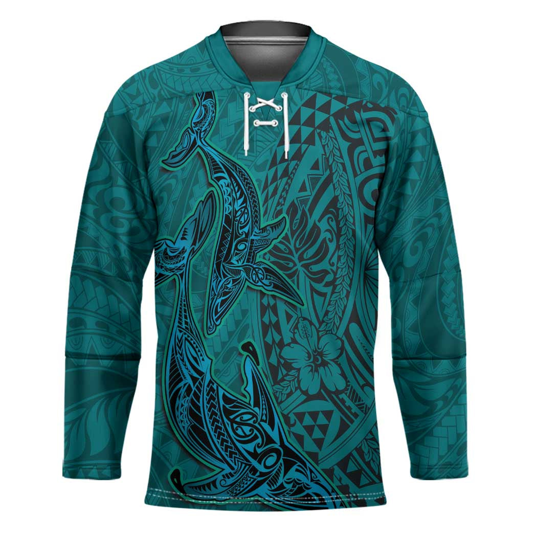 Hawaiian Whales Polynesian Art Motifs Hockey Jersey Turquoise Color - Polynesian Pride