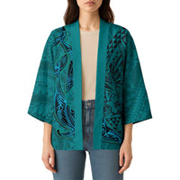 Hawaiian Whales Polynesian Art Motifs Kimono Turquoise Color - Polynesian Pride