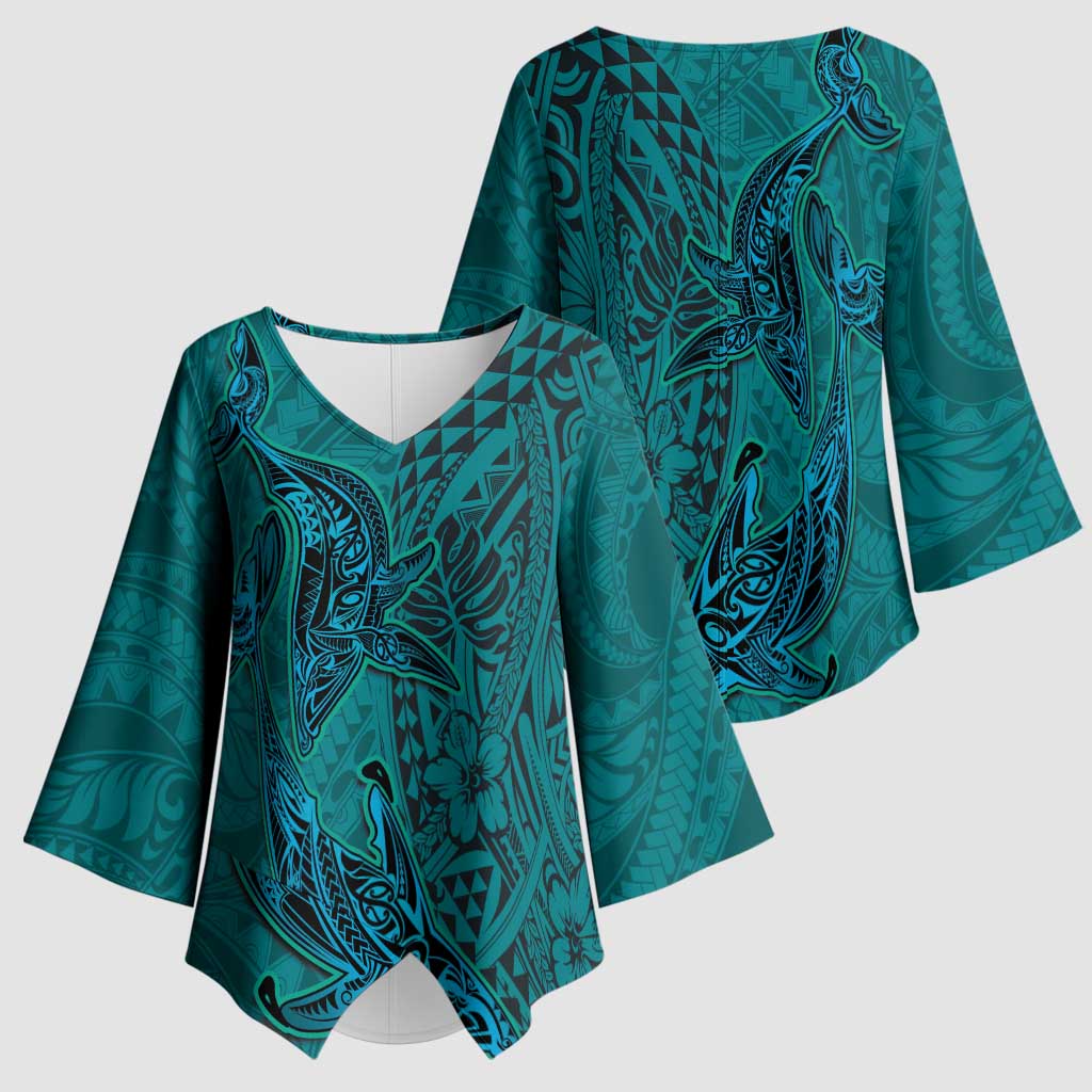 Hawaiian Whales Polynesian Art Motifs Kimono Sleeve Blouse Turquoise Color - Polynesian Pride