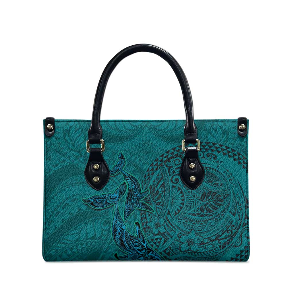 Hawaiian Whales Polynesian Art Motifs Leather Bag Turquoise Color - Polynesian Pride