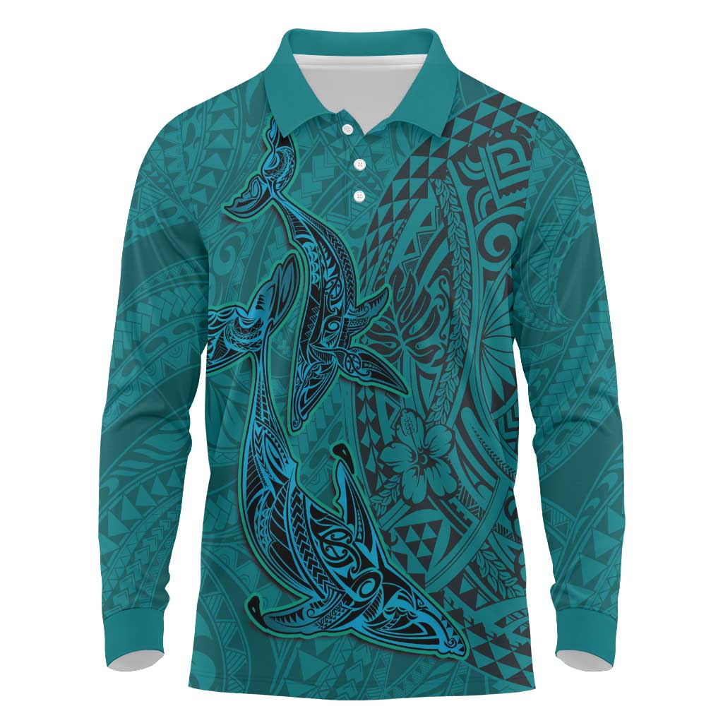 Hawaiian Whales Polynesian Art Motifs Long Sleeve Polo Shirt Turquoise Color - Polynesian Pride