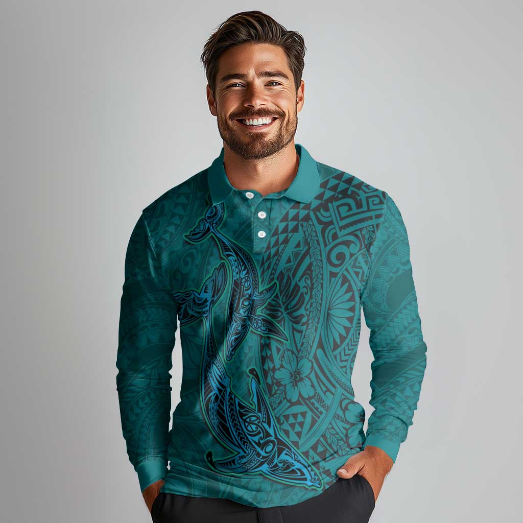 Hawaiian Whales Polynesian Art Motifs Long Sleeve Polo Shirt Turquoise Color - Polynesian Pride