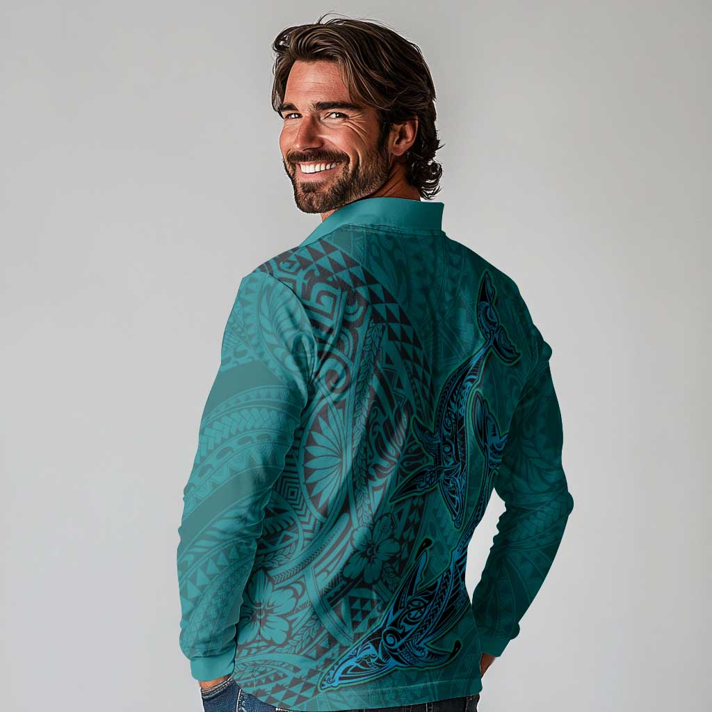 Hawaiian Whales Polynesian Art Motifs Long Sleeve Polo Shirt Turquoise Color - Polynesian Pride