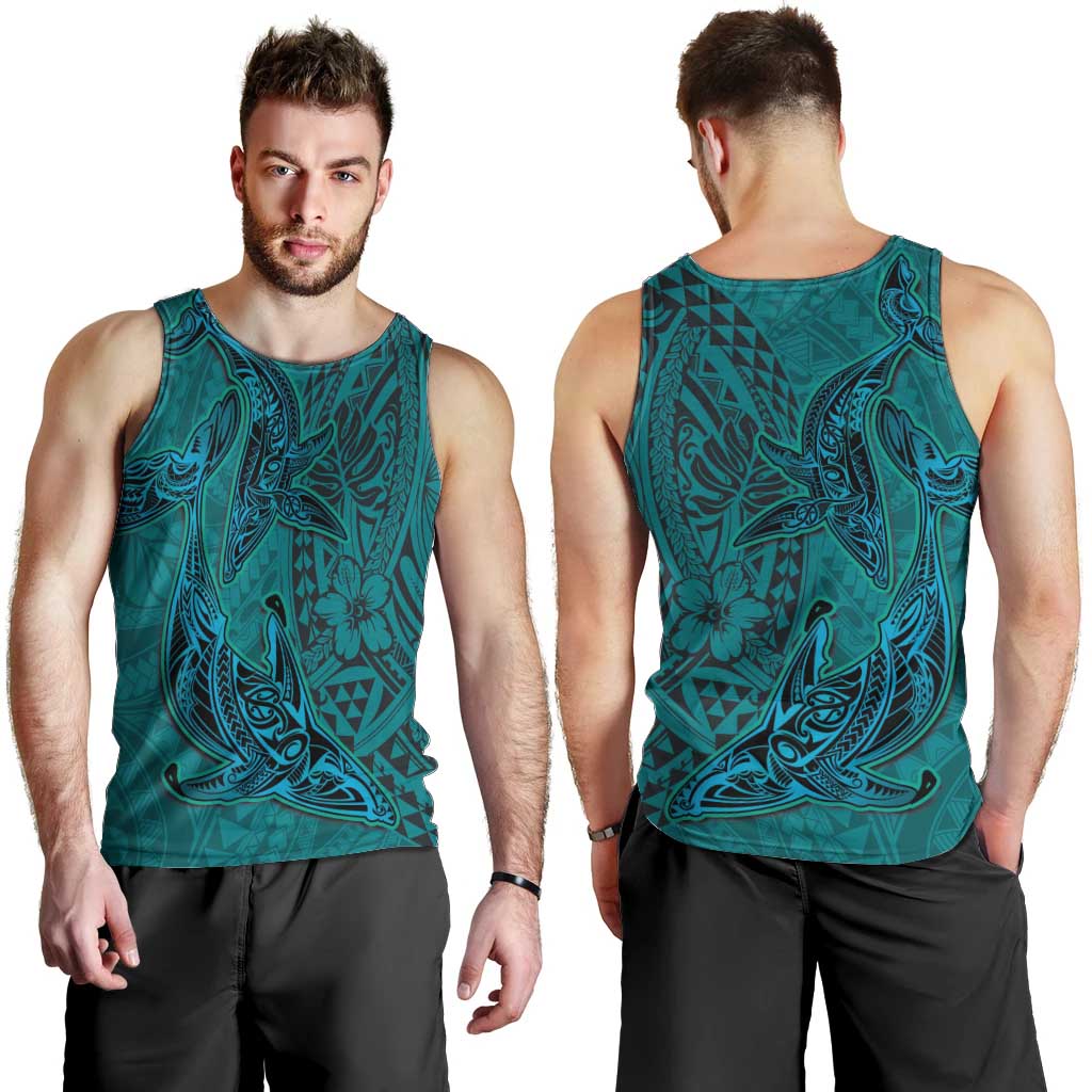 Hawaiian Whales Polynesian Art Motifs Men Tank Top Turquoise Color - Polynesian Pride