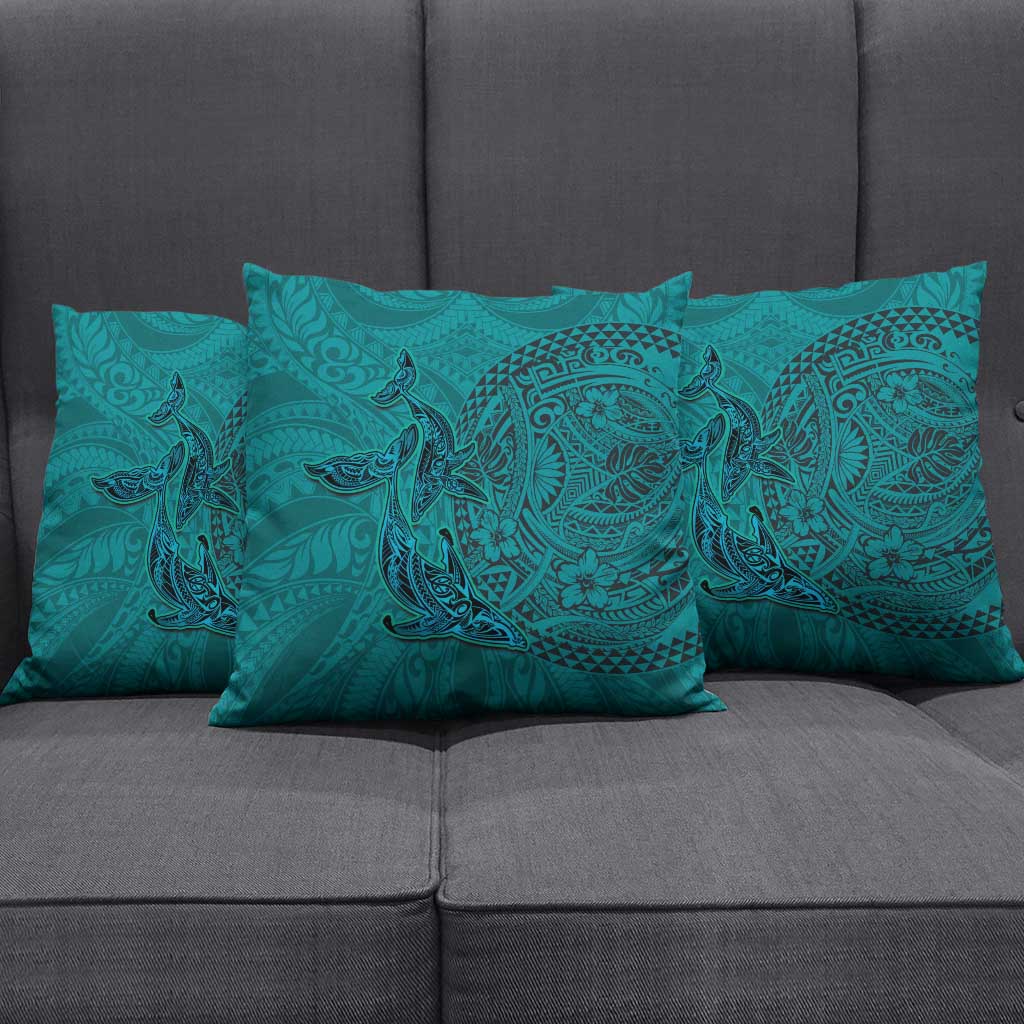 Hawaiian Whales Polynesian Art Motifs Pillow Cover Turquoise Color - Polynesian Pride