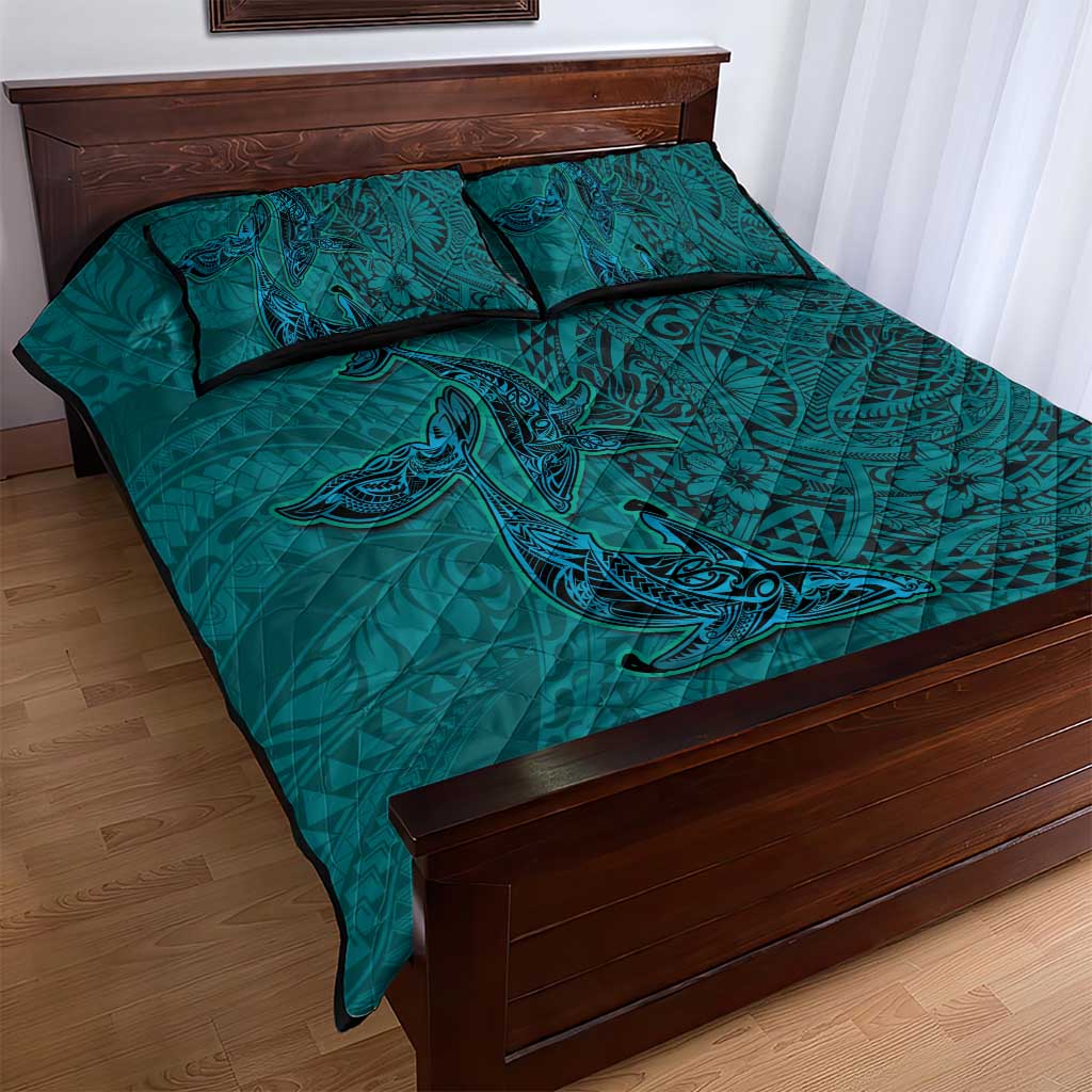 Hawaiian Whales Polynesian Art Motifs Quilt Bed Set Turquoise Color - Polynesian Pride