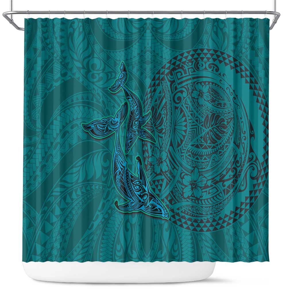 Hawaiian Whales Polynesian Art Motifs Shower Curtain Turquoise Color - Polynesian Pride