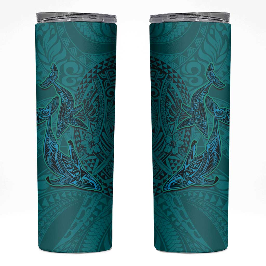 Hawaiian Whales Polynesian Art Motifs Skinny Tumbler Turquoise Color - Polynesian Pride
