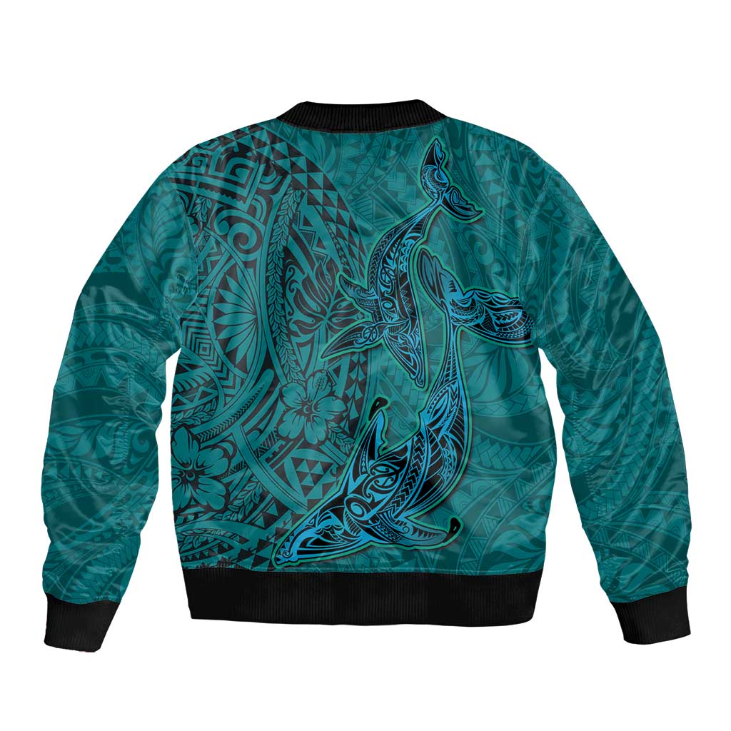 Hawaiian Whales Polynesian Art Motifs Sleeve Zip Bomber Jacket Turquoise Color - Polynesian Pride