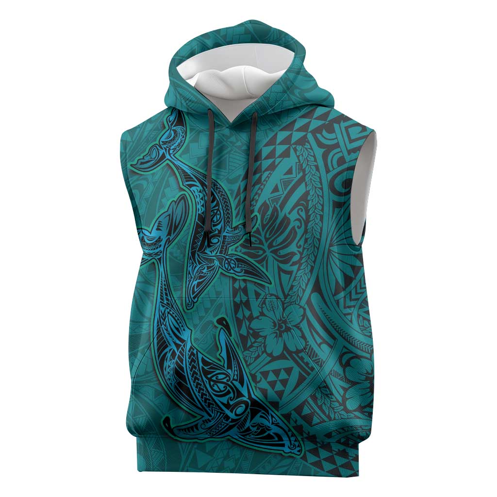 Hawaiian Whales Polynesian Art Motifs Sleeveless Hoodie Turquoise Color - Polynesian Pride