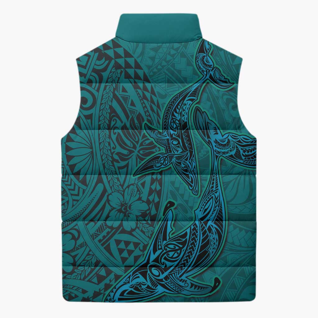 Hawaiian Whales Polynesian Art Motifs Sleeveless Puffer Jacket Turquoise Color - Polynesian Pride