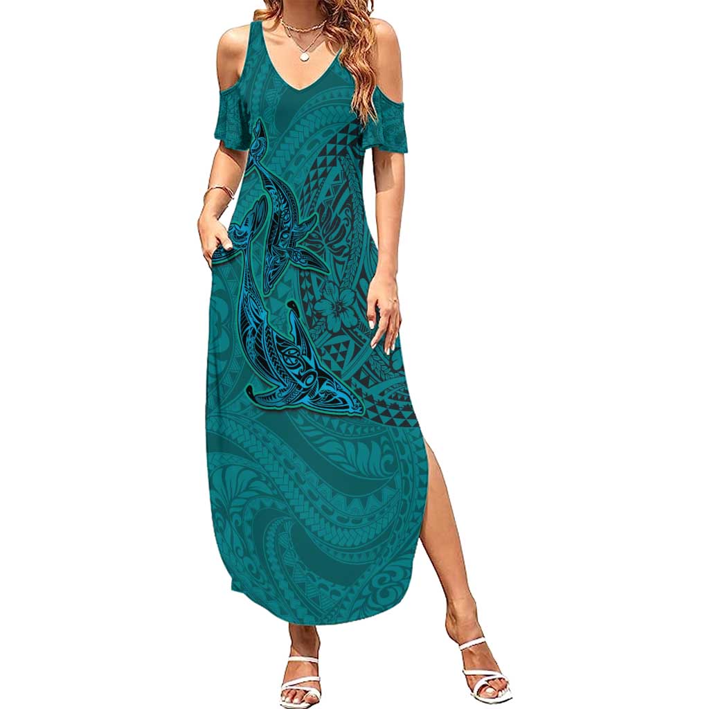 Hawaiian Whales Polynesian Art Motifs Summer Maxi Dress Turquoise Color - Polynesian Pride