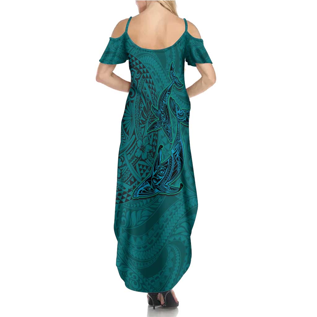 Hawaiian Whales Polynesian Art Motifs Summer Maxi Dress Turquoise Color - Polynesian Pride