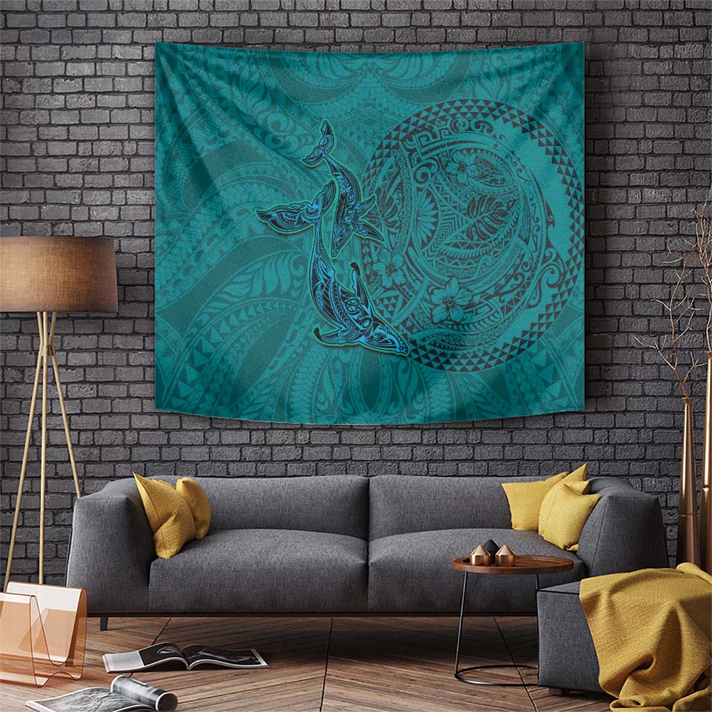 Hawaiian Whales Polynesian Art Motifs Tapestry Turquoise Color - Polynesian Pride