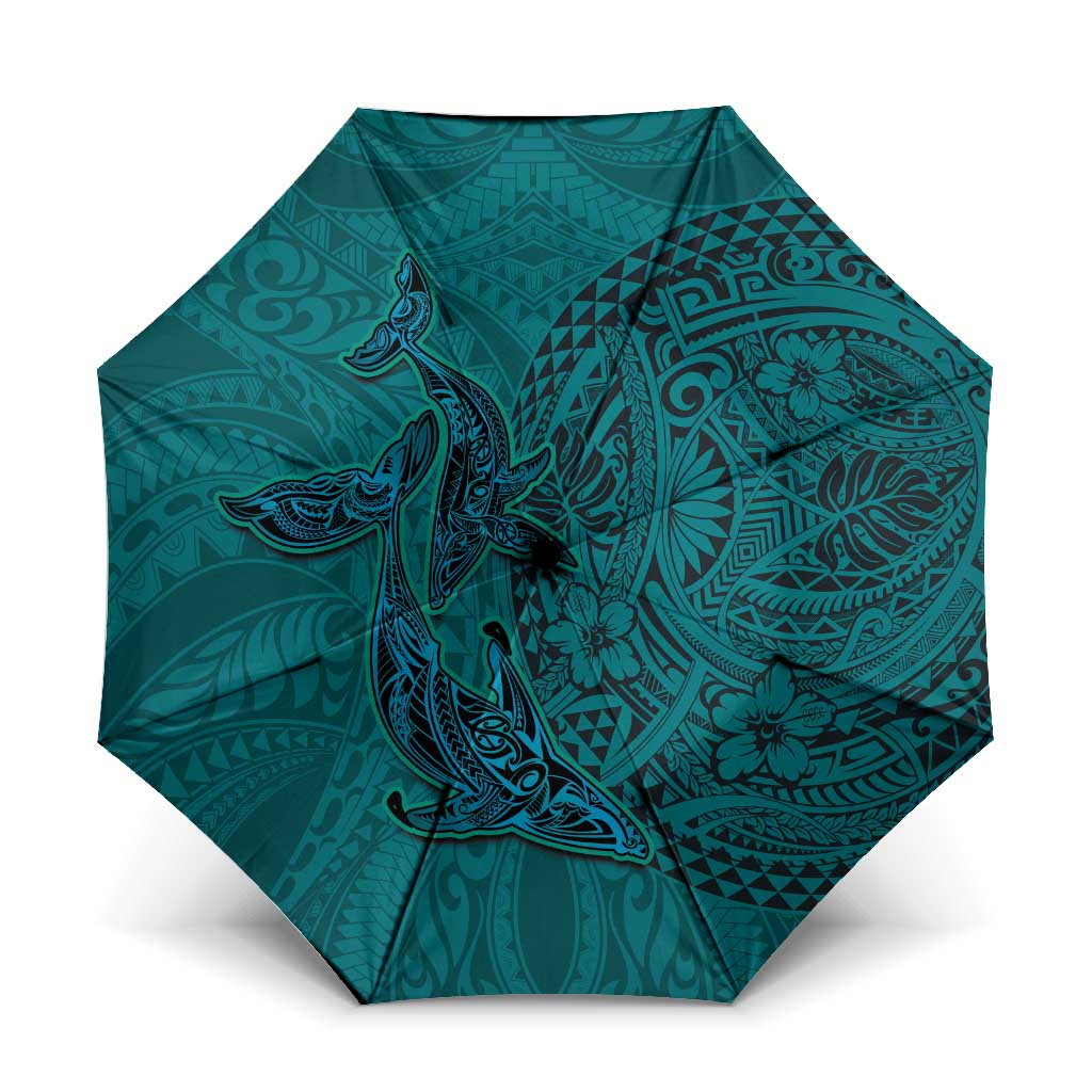 Hawaiian Whales Polynesian Art Motifs Umbrella Turquoise Color - Polynesian Pride
