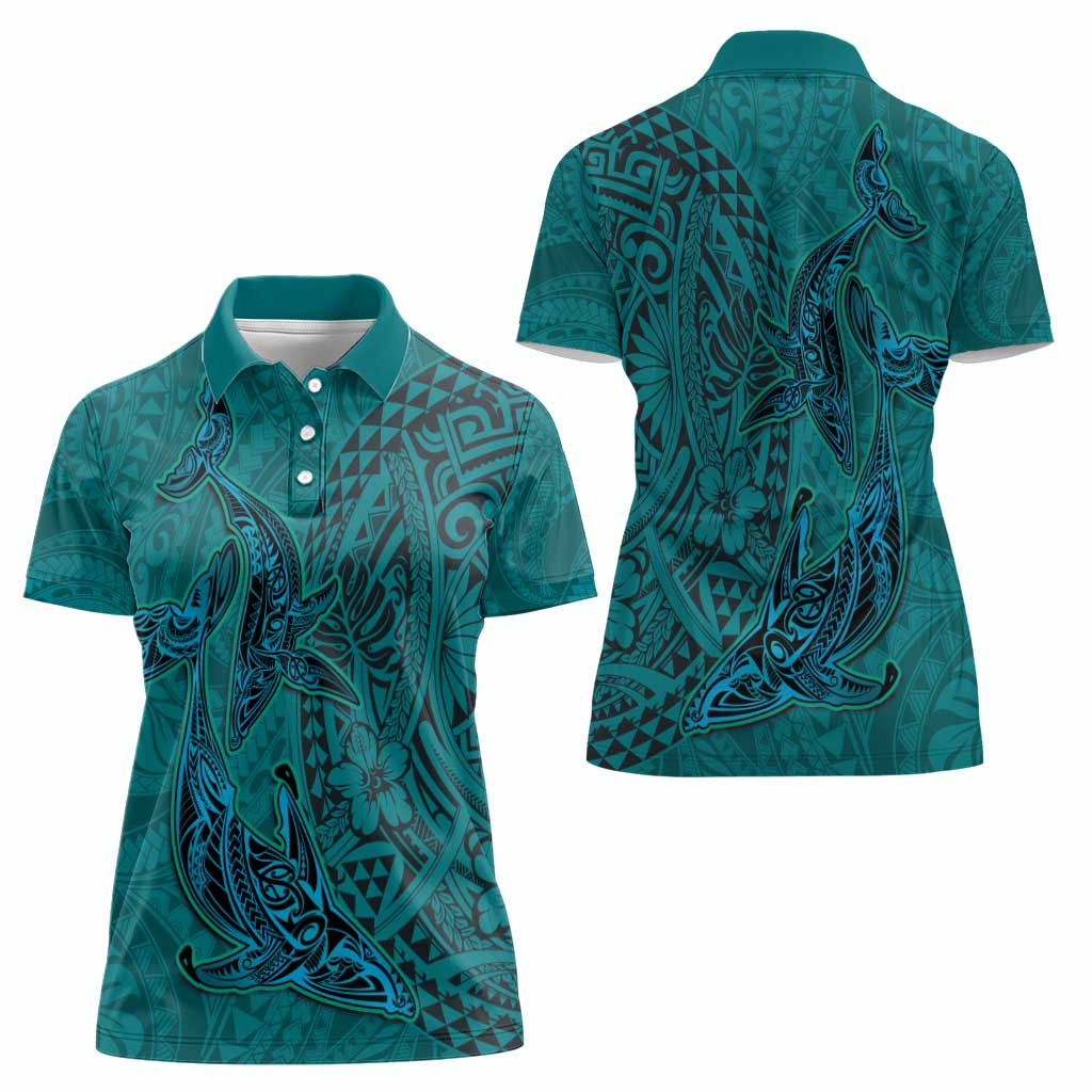 Hawaiian Whales Polynesian Art Motifs Women Polo Shirt Turquoise Color - Polynesian Pride