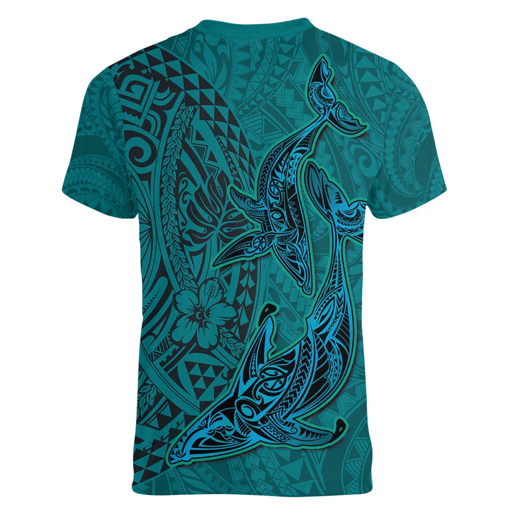 Hawaiian Whales Polynesian Art Motifs Women V-Neck T-Shirt Turquoise Color - Polynesian Pride