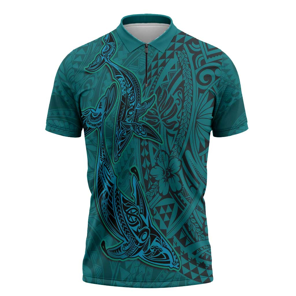 Hawaiian Whales Polynesian Art Motifs Zipper Polo Shirt Turquoise Color - Polynesian Pride