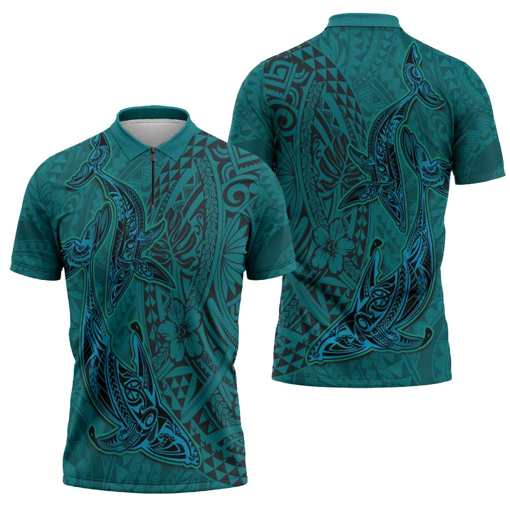 Hawaiian Whales Polynesian Art Motifs Zipper Polo Shirt Turquoise Color - Polynesian Pride