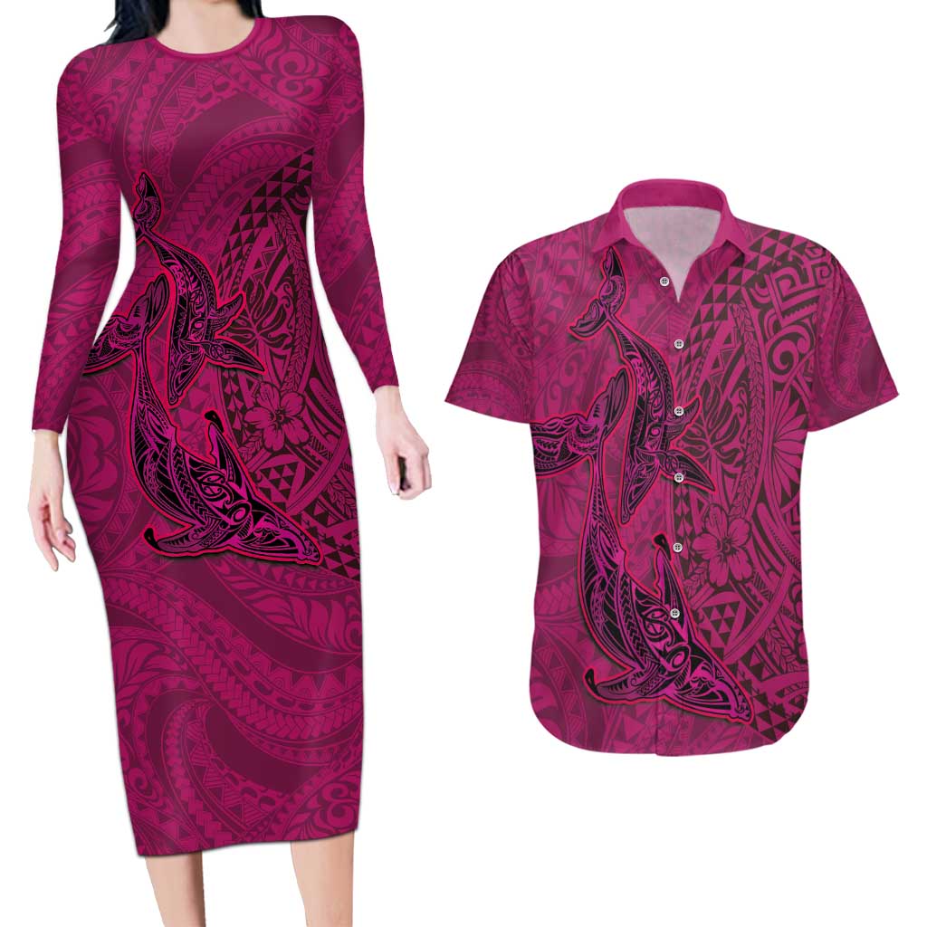 Hawaiian Whales Polynesian Art Motifs Couples Matching Long Sleeve Bodycon Dress and Hawaiian Shirt Pink Color - Polynesian Pride