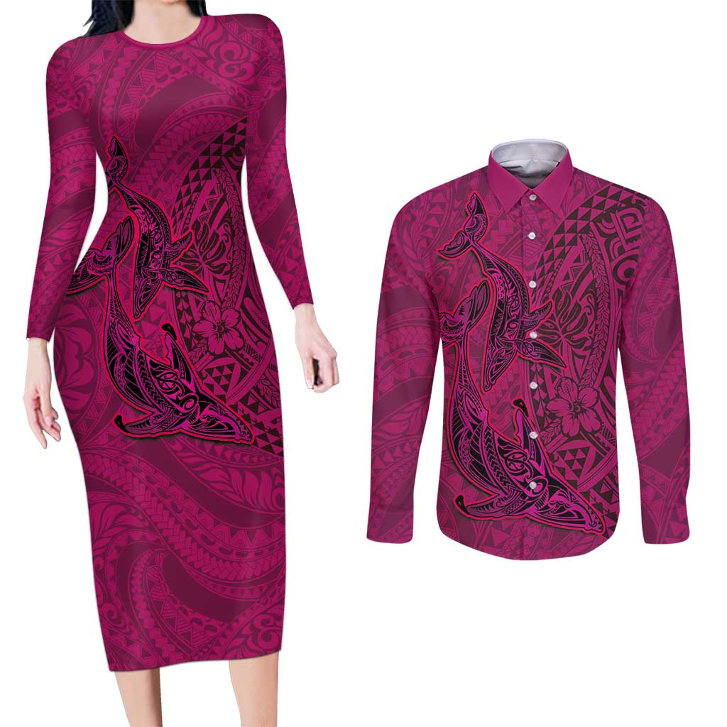 Hawaiian Whales Polynesian Art Motifs Couples Matching Long Sleeve Bodycon Dress and Long Sleeve Button Shirt Pink Color - Polynesian Pride