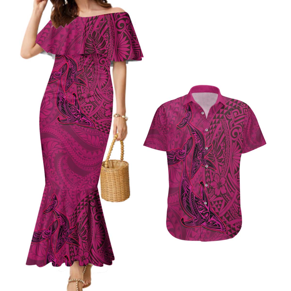 Hawaiian Whales Polynesian Art Motifs Couples Matching Mermaid Dress and Hawaiian Shirt Pink Color - Polynesian Pride