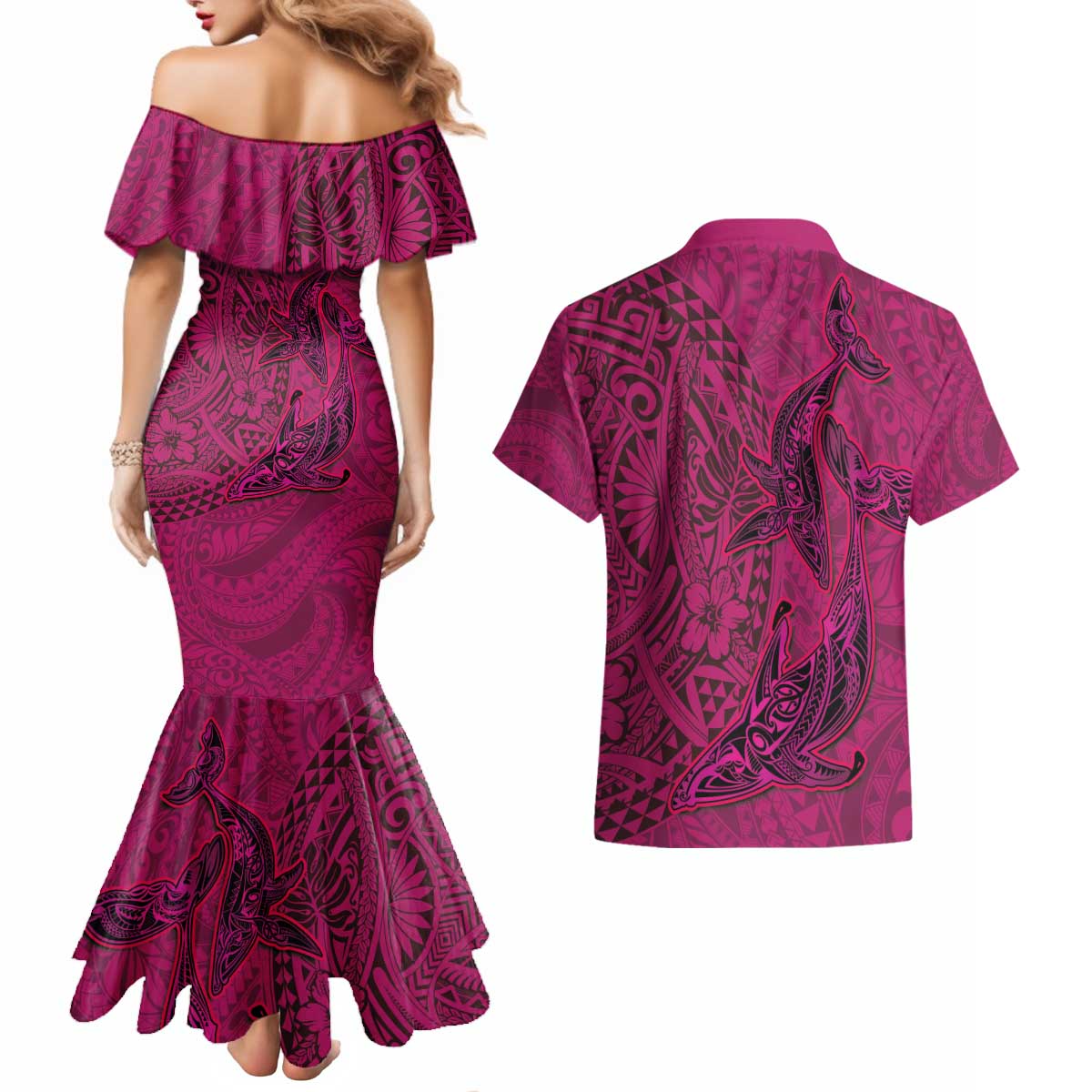 Hawaiian Whales Polynesian Art Motifs Couples Matching Mermaid Dress and Hawaiian Shirt Pink Color LT03 - Polynesian Pride