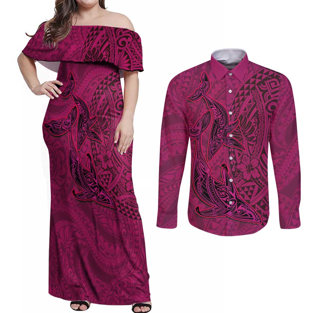Hawaiian Whales Polynesian Art Motifs Couples Matching Off Shoulder Maxi Dress and Long Sleeve Button Shirt Pink Color - Polynesian Pride