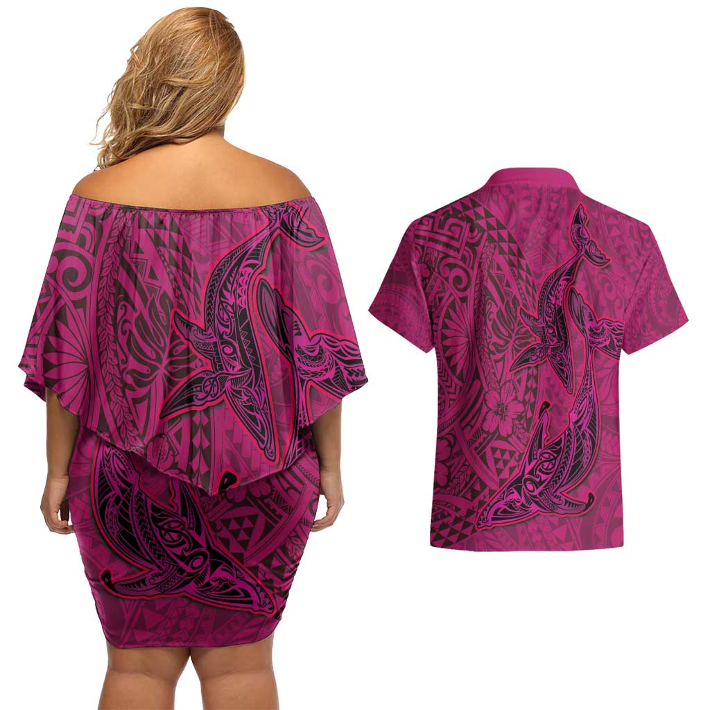 Hawaiian Whales Polynesian Art Motifs Couples Matching Off Shoulder Short Dress and Hawaiian Shirt Pink Color LT03 - Polynesian Pride