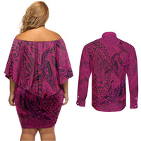 Hawaiian Whales Polynesian Art Motifs Couples Matching Off Shoulder Short Dress and Long Sleeve Button Shirt Pink Color - Polynesian Pride