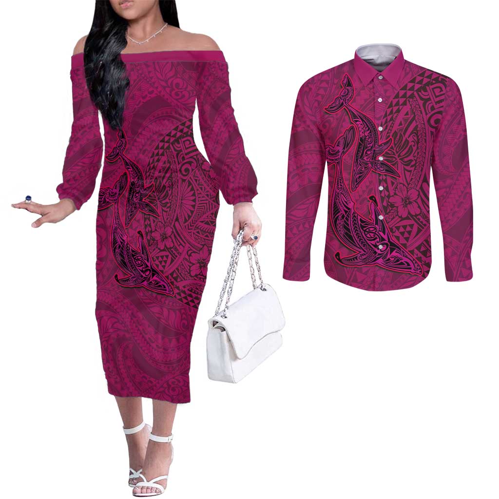 Hawaiian Whales Polynesian Art Motifs Couples Matching Off The Shoulder Long Sleeve Dress and Long Sleeve Button Shirt Pink Color - Polynesian Pride