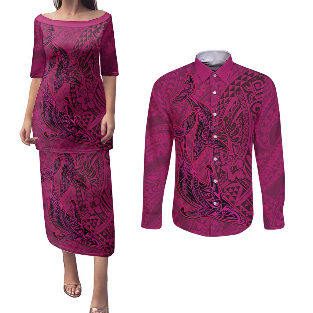Hawaiian Whales Polynesian Art Motifs Couples Matching Puletasi and Long Sleeve Button Shirt Pink Color - Polynesian Pride