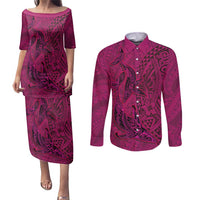 Hawaiian Whales Polynesian Art Motifs Couples Matching Puletasi and Long Sleeve Button Shirt Pink Color - Polynesian Pride