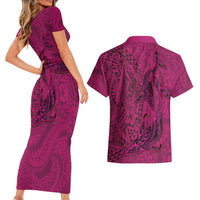 Hawaiian Whales Polynesian Art Motifs Couples Matching Short Sleeve Bodycon Dress and Hawaiian Shirt Pink Color LT03 - Polynesian Pride