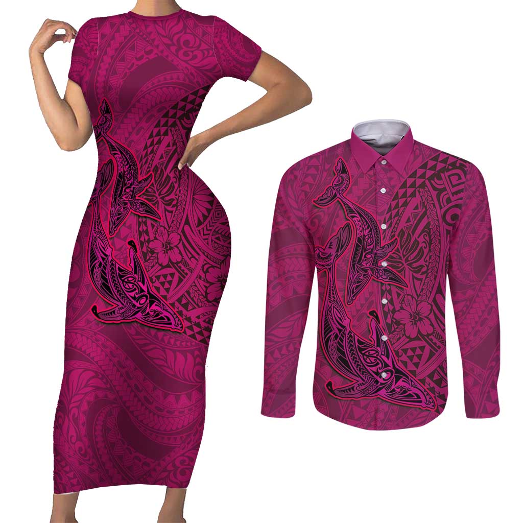 Hawaiian Whales Polynesian Art Motifs Couples Matching Short Sleeve Bodycon Dress and Long Sleeve Button Shirt Pink Color - Polynesian Pride