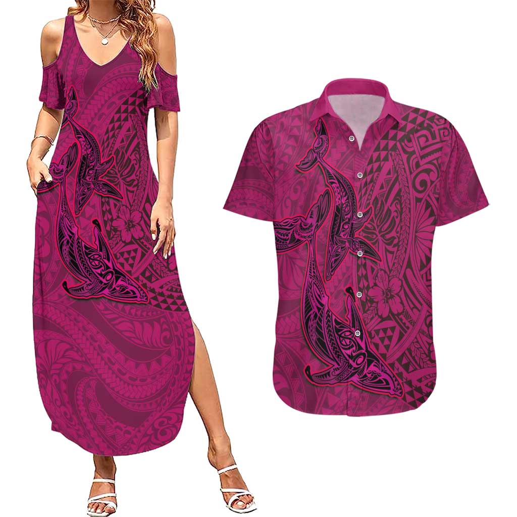 Hawaiian Whales Polynesian Art Motifs Couples Matching Summer Maxi Dress and Hawaiian Shirt Pink Color - Polynesian Pride