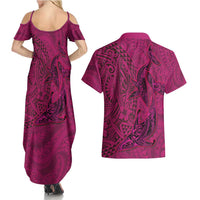 Hawaiian Whales Polynesian Art Motifs Couples Matching Summer Maxi Dress and Hawaiian Shirt Pink Color LT03 - Polynesian Pride
