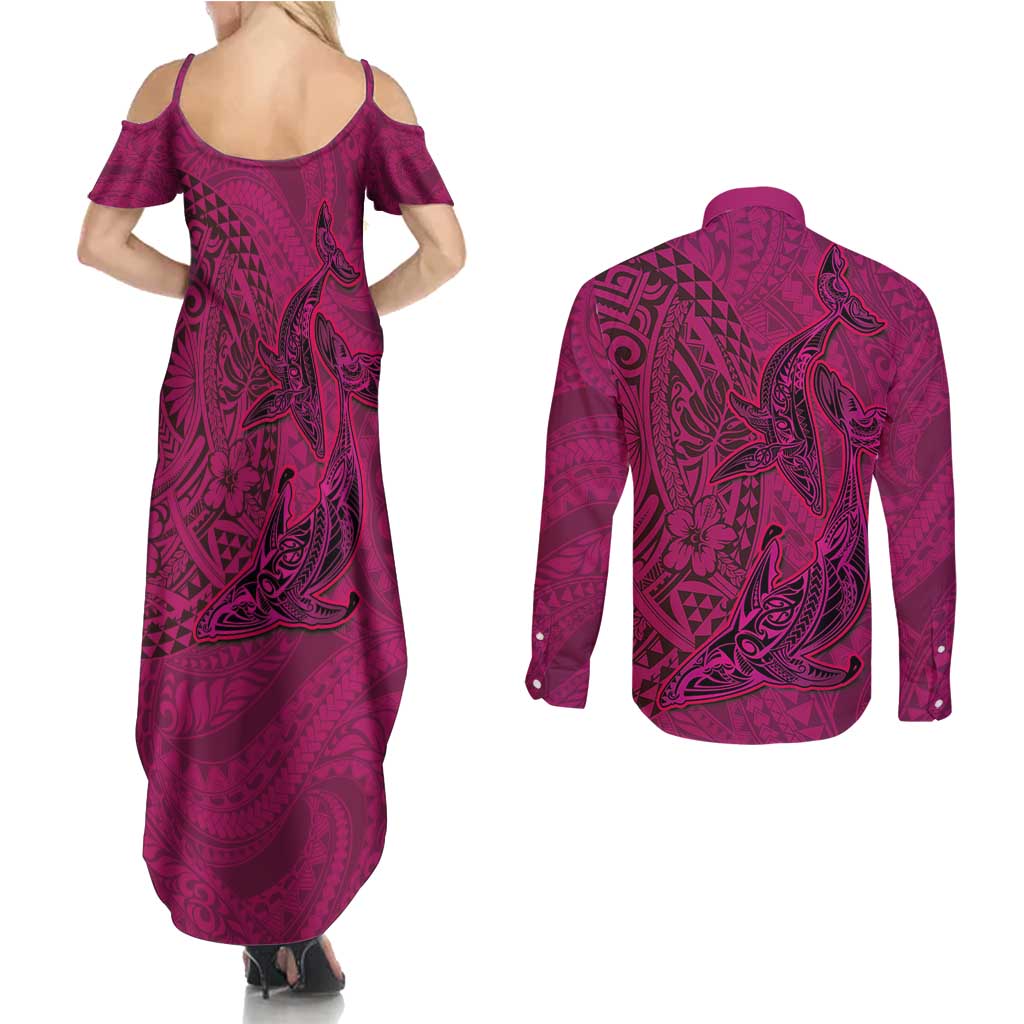Hawaiian Whales Polynesian Art Motifs Couples Matching Summer Maxi Dress and Long Sleeve Button Shirt Pink Color - Polynesian Pride