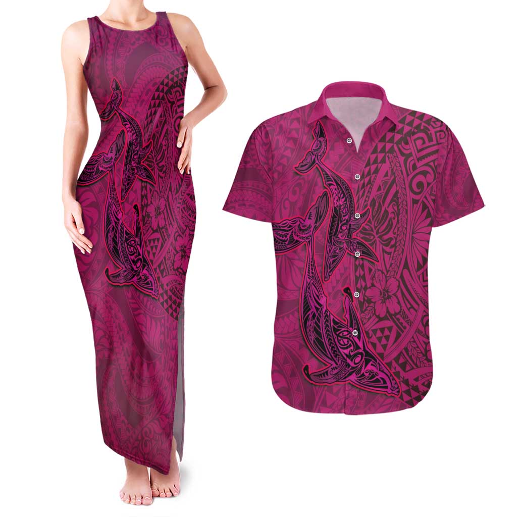 Hawaiian Whales Polynesian Art Motifs Couples Matching Tank Maxi Dress and Hawaiian Shirt Pink Color - Polynesian Pride