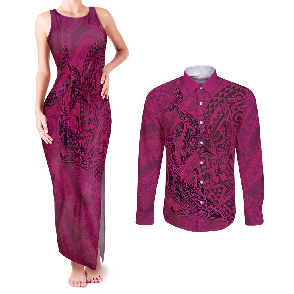 Hawaiian Whales Polynesian Art Motifs Couples Matching Tank Maxi Dress and Long Sleeve Button Shirt Pink Color LT03 Pink - Polynesian Pride
