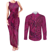 Hawaiian Whales Polynesian Art Motifs Couples Matching Tank Maxi Dress and Long Sleeve Button Shirt Pink Color LT03 Pink - Polynesian Pride