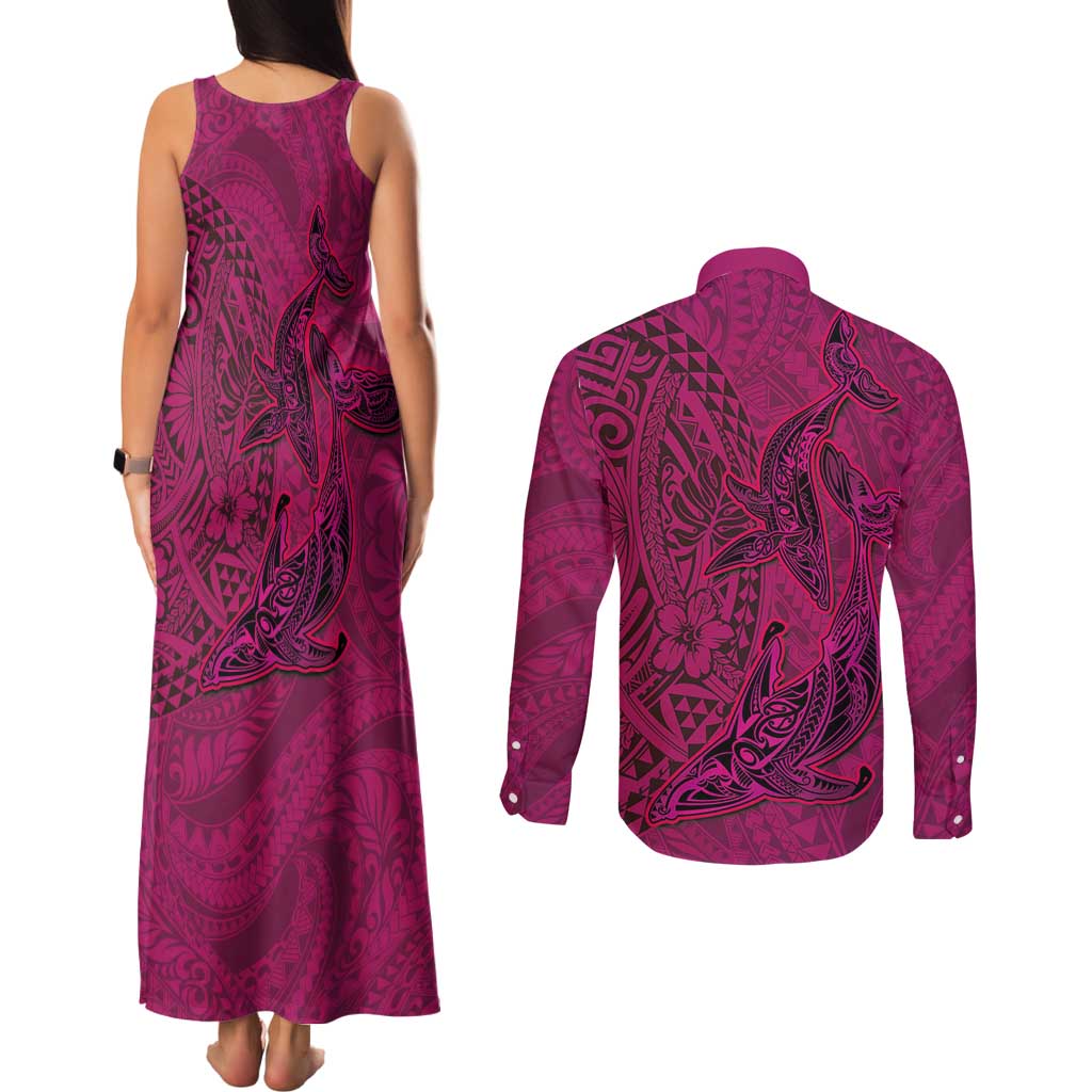 Hawaiian Whales Polynesian Art Motifs Couples Matching Tank Maxi Dress and Long Sleeve Button Shirt Pink Color LT03 - Polynesian Pride