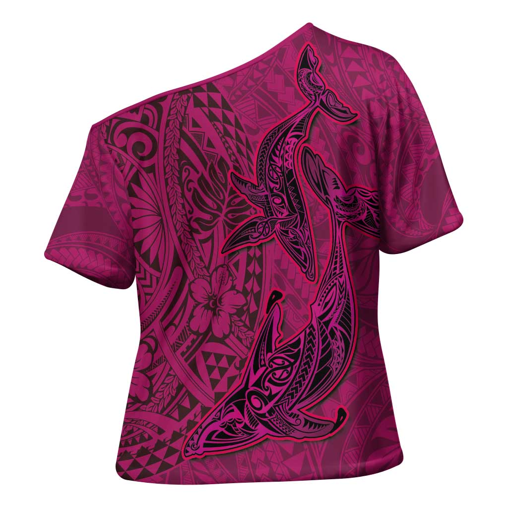 Hawaiian Whales Polynesian Art Motifs Cross Shoulder Shirt Pink Color - Polynesian Pride