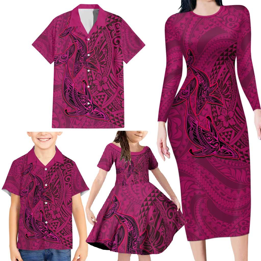 Hawaiian Whales Polynesian Art Motifs Family Matching Long Sleeve Bodycon Dress and Hawaiian Shirt Pink Color - Polynesian Pride