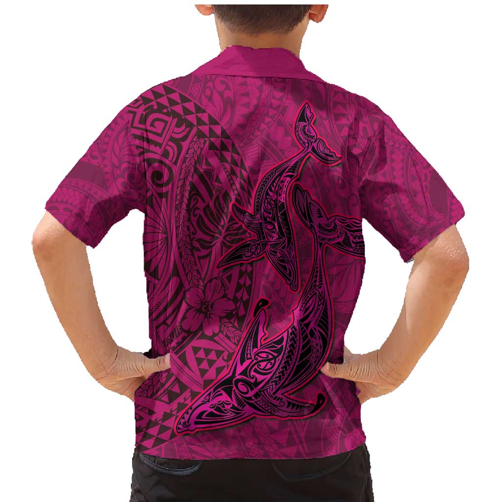 Hawaiian Whales Polynesian Art Motifs Family Matching Mermaid Dress and Hawaiian Shirt Pink Color - Polynesian Pride