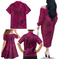 Hawaiian Whales Polynesian Art Motifs Family Matching Off The Shoulder Long Sleeve Dress and Hawaiian Shirt Pink Color - Polynesian Pride