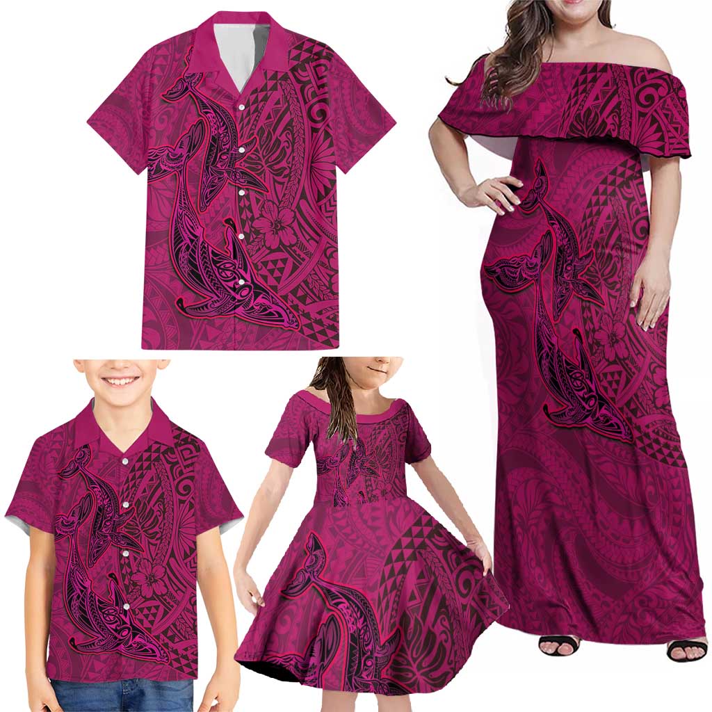 Hawaiian Whales Polynesian Art Motifs Family Matching Off Shoulder Maxi Dress and Hawaiian Shirt Pink Color - Polynesian Pride