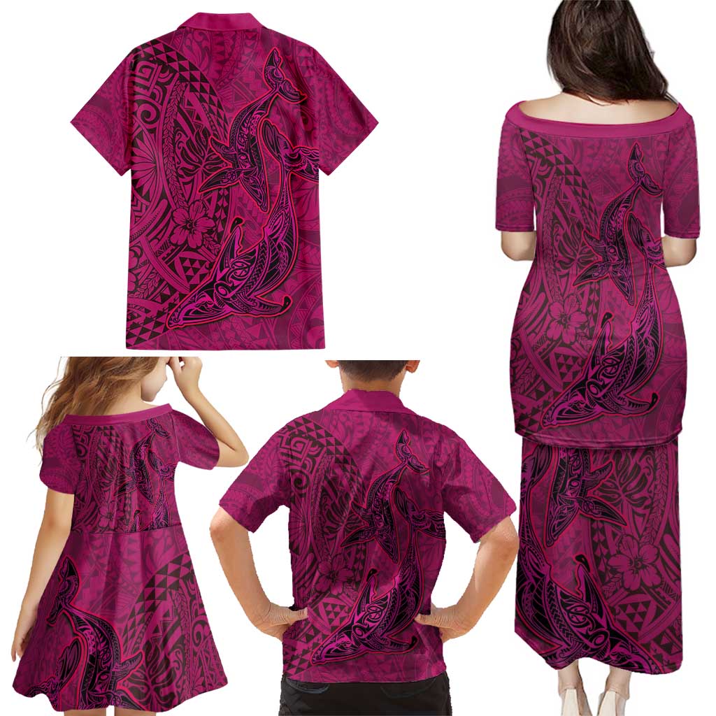 Hawaiian Whales Polynesian Art Motifs Family Matching Puletasi and Hawaiian Shirt Pink Color - Polynesian Pride