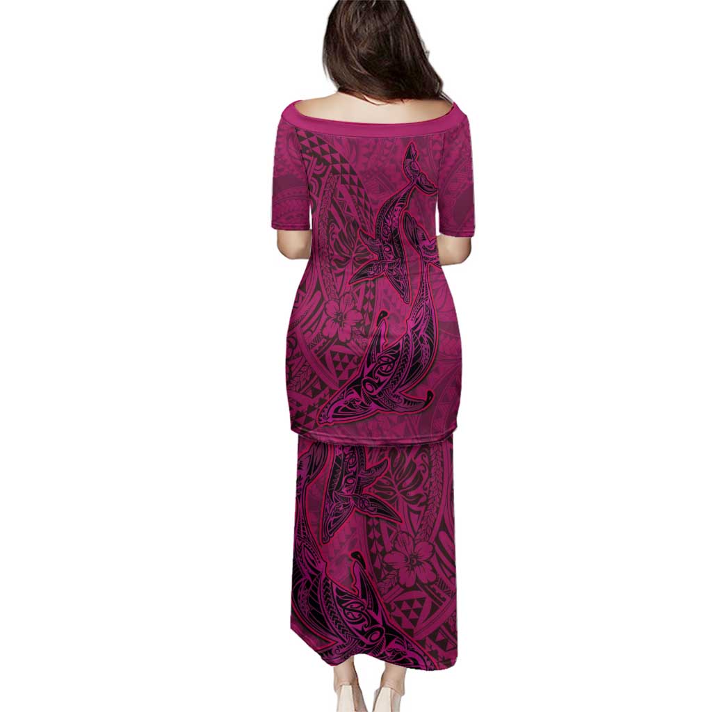 Hawaiian Whales Polynesian Art Motifs Family Matching Puletasi and Hawaiian Shirt Pink Color - Polynesian Pride